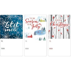 DISTINCTIVS Winter Wonder Christmas Gift Tags, Self-Adhesive Gift Wrap Tags – 75 Labels, Winter Village, Birch Trees and Cardinals Holiday Gift Tags