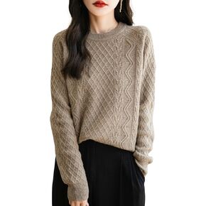 Women's 100% Merino Wool Sweater 2024 Fall Winter Casual Crew Neck Warm Long Sleeve Cable Knit Pullover Sweater