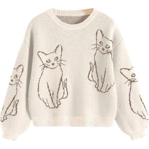 GORGLITTER Women's Cat Graphic Long Sleeve Sweater Drop Shoulder Crewneck Pullover Top