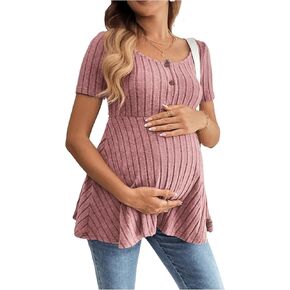 SweatyRocks Women's Maternity T Shirts Button Front Ruffle Short Sleeve Ribbed Nursing Tops