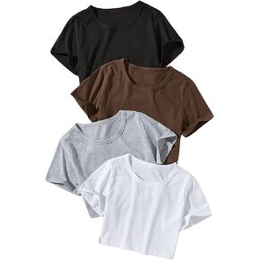 SOLY HUX Girl's Summer Crop Tops Short Sleeve Shirts Crew Neck Basic Tees 4 Packs