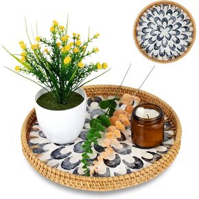 Rattan Round Tray for Table Decor 11.81 Inch, Hand Woven Coffee Table Serving Tray Wicker Serving Basket with Mother of Pearl Inlay,Round Decorative Trays for Home Decor (Leaf)