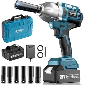 Seesii Cordless Impact Wrench, 800N.m(580ft-lbs) Power Impact Wrench 1/2 Inch, 4.0Ah Battery, 3300RPM Impact Gun, 6 Sockets, Electric Impact Wrench for Home Car Tires Truck Mower, WH710