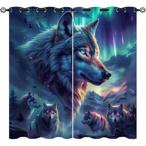Wolf Blackout Curtains for Girls Boy Home Decor, Aurora Northern Light Galaxy Fantasy Animal Grommet Thermal Insulated Drapes Darkening Window Curtain for Bedroom Living Room, 42 x 45 Inch