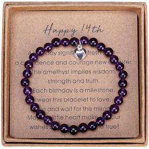 14 Year Old Girl Gifts for Birthday Amethyst Bead Bracelet with Sterling Silver Heart Charm 14th Birthday Gifts for Girls with Card and Gift Box