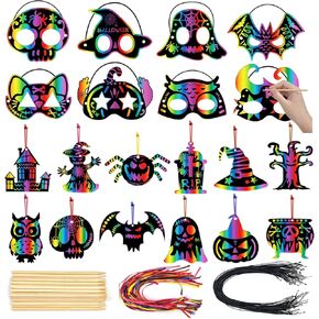 PARTYWIND Halloween Scratch Paper Art Set for Kids Crafts, 46 PCS Scratch Masks + Scratch Off Cards for Kids Halloween Activities Games, DIY Halloween Party Decorations Supplies Ornaments
