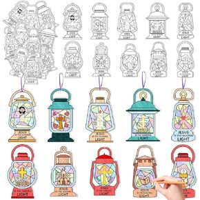 JAPBOR Jesus Religious Coloring Crafts for Kids - 83Pcs Jesus is The Guiding Light Christian Cross Sunday School Craft, Color Your Own DIY Bible Vbs Hanging Ornaments for Church Classroom Activities