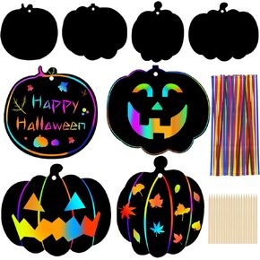 Lucleag Halloween Scratch Art Paper Crafts Kit, 40 Pieces Rainbow Halloween Pumpkins for Halloween Decoration Halloween Colorful DIY Pumpkins Ornaments, Include 40 Ribbons and 20 Sticks