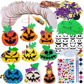 Winlyn 63 Sets Halloween Craft Kits Fall Crafts DIY Wooden Pumpkin Ornaments Decorations Art Sets Unfinished Wood Pumpkins Halloween Stickers for Kids Art Project Home Classroom Party Activities