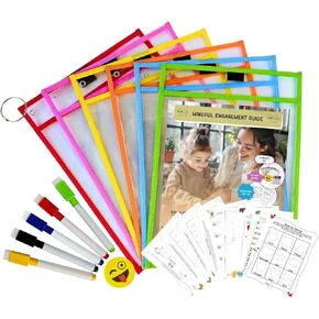 CAK Dry Erase Pockets Complete Learning Kit | Activities for Classroom | 6 Heavy Duty Oversized Plastic Sleeves | Dry Erase Markers with Eraser | Office School Teachers Students Supplies Bundle