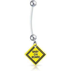Bling Jewelry Bio Flex On Board Sign Pregnant Dangle Bar and Ball Style Navel Belly Ring Silver Tone Surgical Steel 14G for Women