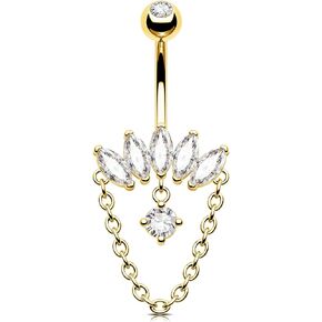 Jewseen 14G Belly Button Ring Dangle Chain Belly Ring Gold Belly Piercing Jewelry Crown Navel Ring Surgical Steel Navel Piercing Jewelry Clear CZ Curved Barbell for Women Men