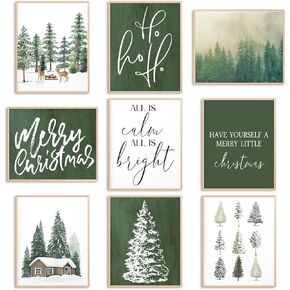 JarThenaAMCS 9Pcs Christmas Wall Art Prints Watercolor Pine Tree Forest Paper Posters Winter Picture Decoration for Xmas Party Gallery Living Room Office, 8 x 10 Inch, Unframed