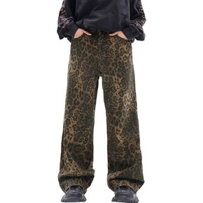 Leopard Print Baggy Jeans for Mens Hip Hop Loose fit Y2K Vintage Denim Pants Chic Street Style Wide Leg Jeans Pants