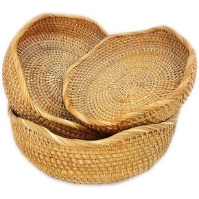 Set of 3 Round Rattan Wicker Bread Baskets For Serving, Natural Decorative Woven Handmade 11’’ For Kitchen Counter, Organizing, Storage, Home Decor (Combo Wave - No Liner)
