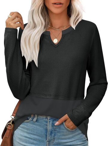 Womens Long Sleeve Shirts Casual V Neck Knitted Tops Loose Fit Pullover Fall Clothes 2024 Trendy Outfits in Saudi Arabia