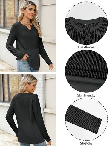 Womens Long Sleeve Shirts Casual V Neck Knitted Tops Loose Fit Pullover Fall Clothes 2024 Trendy Outfits in Saudi Arabia