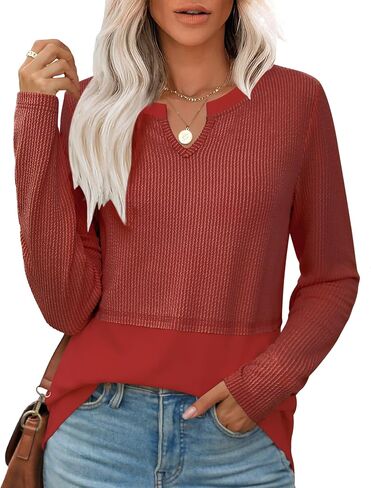 Womens Long Sleeve Shirts Casual V Neck Knitted Tops Loose Fit Pullover Fall Clothes 2024 Trendy Outfits in Saudi Arabia