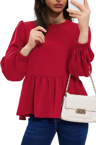 Allimy Women's Puff Long Sleeve Dressy Casual Flowy Peplum Tops and Blouses Dress Shirts in Kuwait