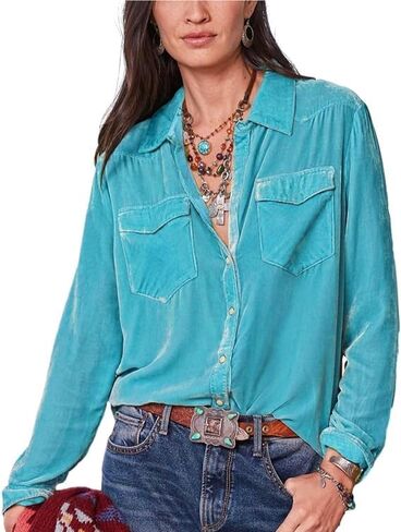Velvet Shirts for Women Long Sleeve Button Down Shirt Vintage Tops Lapel Blouse Fall Winter Tee with Pocket in Saudi Arabia