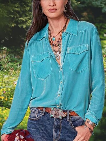 Velvet Shirts for Women Long Sleeve Button Down Shirt Vintage Tops Lapel Blouse Fall Winter Tee with Pocket in Saudi Arabia