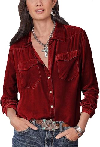 Velvet Shirts for Women Long Sleeve Button Down Shirt Vintage Tops Lapel Blouse Fall Winter Tee with Pocket in Saudi Arabia