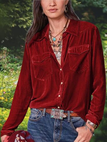 Velvet Shirts for Women Long Sleeve Button Down Shirt Vintage Tops Lapel Blouse Fall Winter Tee with Pocket in Saudi Arabia