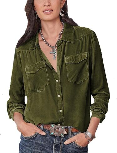 Velvet Shirts for Women Long Sleeve Button Down Shirt Vintage Tops Lapel Blouse Fall Winter Tee with Pocket in Saudi Arabia
