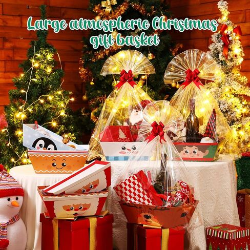 Cholemy 12 Pack 12 x 10 x 4 Inch Christmas Gift Baskets Empty Kit Include 12 Cardboard Gifts Baskets with Handles, 12 Wrap Bags, 12 Pull Bows for Christmas Weddings Anniversaries(Cute Style) in Saudi Arabia