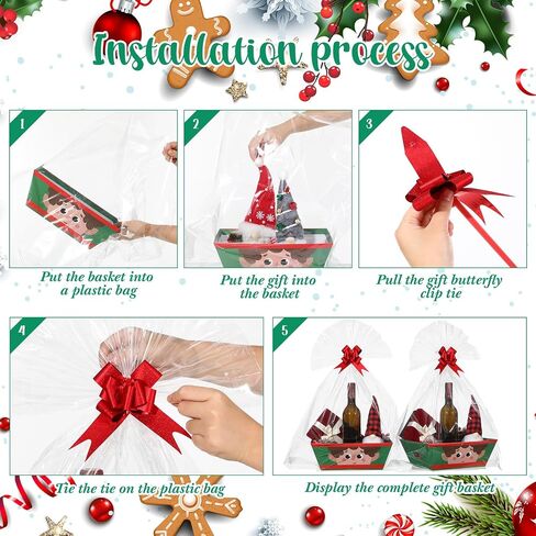 Cholemy 12 Pack 12 x 10 x 4 Inch Christmas Gift Baskets Empty Kit Include 12 Cardboard Gifts Baskets with Handles, 12 Wrap Bags, 12 Pull Bows for Christmas Weddings Anniversaries(Cute Style) in Saudi Arabia