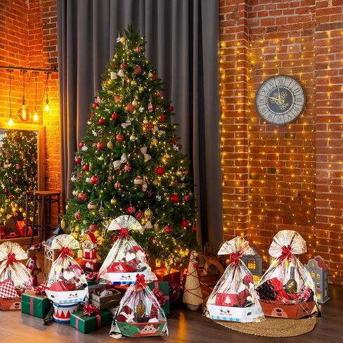 Cholemy 12 Pack 12 x 10 x 4 Inch Christmas Gift Baskets Empty Kit Include 12 Cardboard Gifts Baskets with Handles, 12 Wrap Bags, 12 Pull Bows for Christmas Weddings Anniversaries(Cute Style) in Saudi Arabia
