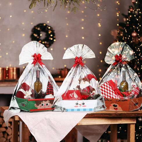 Cholemy 12 Pack 12 x 10 x 4 Inch Christmas Gift Baskets Empty Kit Include 12 Cardboard Gifts Baskets with Handles, 12 Wrap Bags, 12 Pull Bows for Christmas Weddings Anniversaries(Cute Style) in Saudi Arabia