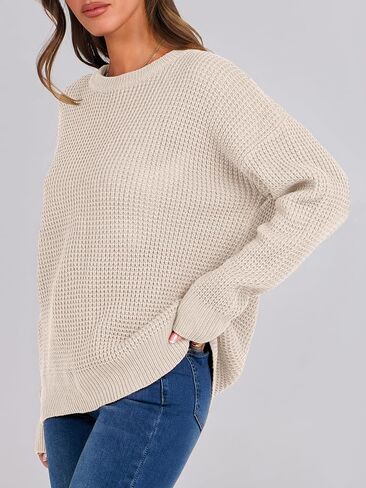 ANRABESS Womens Long Sleeve Oversized Casual Loose Fit Crewneck Waffle Knit Cozy Pullover Sweaters 2024 Fall Fashion in Saudi Arabia