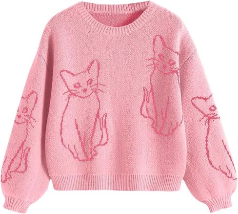 GORGLITTER Women's Cat Graphic Long Sleeve Sweater Drop Shoulder Crewneck Pullover Top in Saudi Arabia