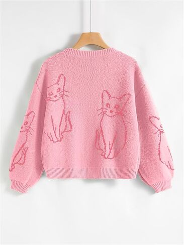 GORGLITTER Women's Cat Graphic Long Sleeve Sweater Drop Shoulder Crewneck Pullover Top in Saudi Arabia