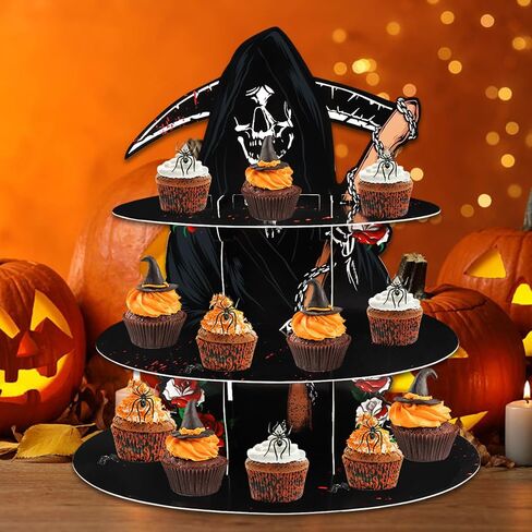 3-Tier Halloween Cupcake Stand for Dessert Table, Halloween Cat Cupcake Tower Halloween Tray Orange Black Cardboard Cake Dessert Stand for 24 Cupcakes Carnival Halloween Party Decorations in Saudi Arabia