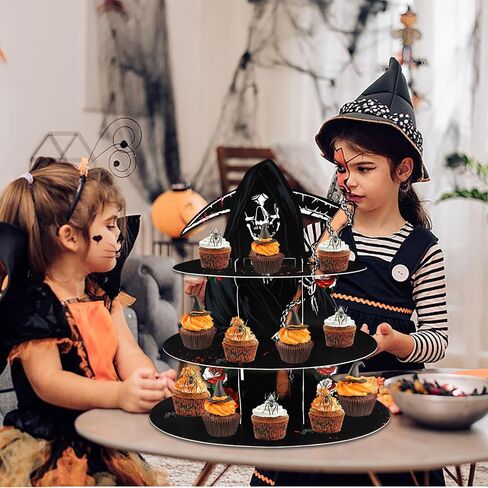 3-Tier Halloween Cupcake Stand for Dessert Table, Halloween Cat Cupcake Tower Halloween Tray Orange Black Cardboard Cake Dessert Stand for 24 Cupcakes Carnival Halloween Party Decorations in Saudi Arabia