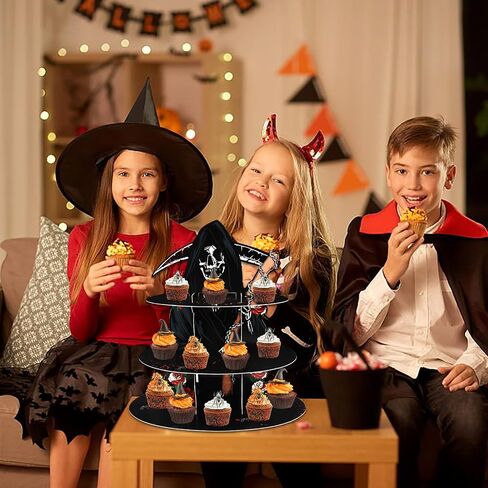 3-Tier Halloween Cupcake Stand for Dessert Table, Halloween Cat Cupcake Tower Halloween Tray Orange Black Cardboard Cake Dessert Stand for 24 Cupcakes Carnival Halloween Party Decorations in Saudi Arabia