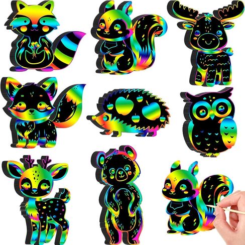 RoundFunny 80 Pcs Fall Craft Kit for Kids Woodland Animals Scratch Cards Forest Animals Crafts Scratch Paper for DIY with 80 Pcs Stick and Ribbon for Thanksgiving Woodland Camping Party Favors in Saudi Arabia