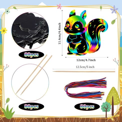 RoundFunny 80 Pcs Fall Craft Kit for Kids Woodland Animals Scratch Cards Forest Animals Crafts Scratch Paper for DIY with 80 Pcs Stick and Ribbon for Thanksgiving Woodland Camping Party Favors in Saudi Arabia