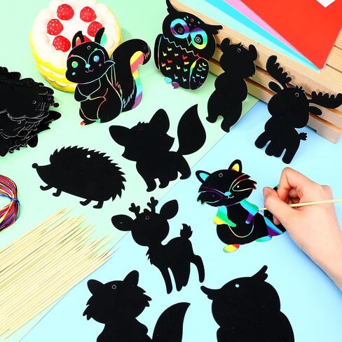RoundFunny 80 Pcs Fall Craft Kit for Kids Woodland Animals Scratch Cards Forest Animals Crafts Scratch Paper for DIY with 80 Pcs Stick and Ribbon for Thanksgiving Woodland Camping Party Favors in Saudi Arabia
