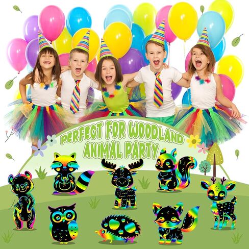 RoundFunny 80 Pcs Fall Craft Kit for Kids Woodland Animals Scratch Cards Forest Animals Crafts Scratch Paper for DIY with 80 Pcs Stick and Ribbon for Thanksgiving Woodland Camping Party Favors in Saudi Arabia