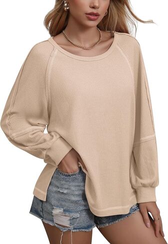 Womens Waffle Tunic Tops Puff Long Sleeve Shirt Loose Fit Casual Pullover Sweatshirt in Saudi Arabia