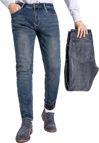 Mens Super Soft Fleece Lined Jeans Taper Slim Stretchy Thermal Jeans for Winter in Saudi Arabia