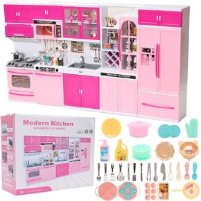 83 PCS Doll Kitchen Pretend Play Furnitures Toy Accessories with Lights, Sounds Mini Food Drinks 13 PCS Dishes Playset for 11.5 Inch Girl Dolls