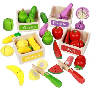 Wooden Play Food Toy Set for Kids Kitchen Accessories, Cutting Fruit & Color Sorting Fake Fruit Accessories with 4 Boxes, Pretend Play Food Toys for Toddlers, Birthday Gifts for Boys Girls