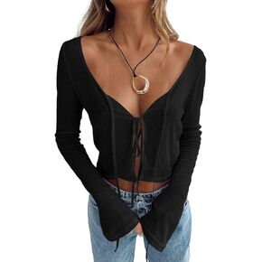 Tankaneo Women's Bell Sleeve Crop Tops Tie Front Scoop Neck Long Sleeve Blouses Crochet Sheer Knit Shirts