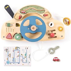 Wooden Busy Board Montessori Toys Steering Wheel for Toddlers, Car Driving Toddler Busy Board Wooden Sensory Toys for Kids 3+ Years Old Preschool Learning Toys with Fine Motor Skills
