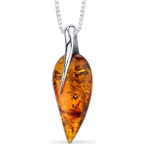 PEORA Genuine Baltic Amber Leaf Drop Pendant Necklace and Earrings for Women in Sterling Silver, Rich Cognac Color, 100% Natural from Baltic Region, Real Baltic Amber Jewelry for Adults