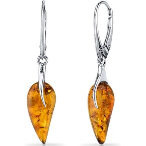 PEORA Genuine Baltic Amber Leaf Drop Pendant Necklace and Earrings for Women in Sterling Silver, Rich Cognac Color, 100% Natural from Baltic Region, Real Baltic Amber Jewelry for Adults